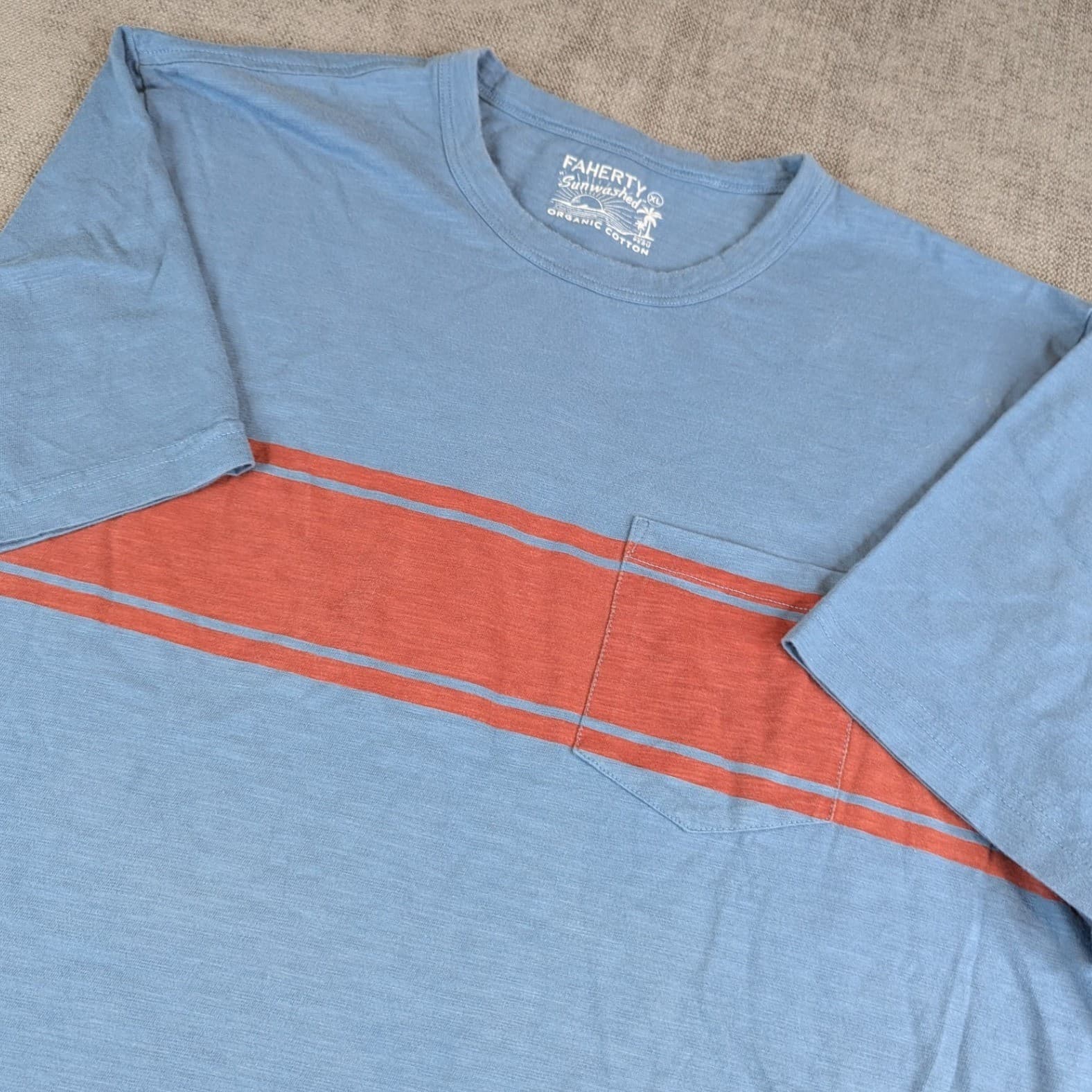 Faherty Pocket Tee Mens XL Blue Orange Stripe Sunwashed Organic Cotton T-Shirt