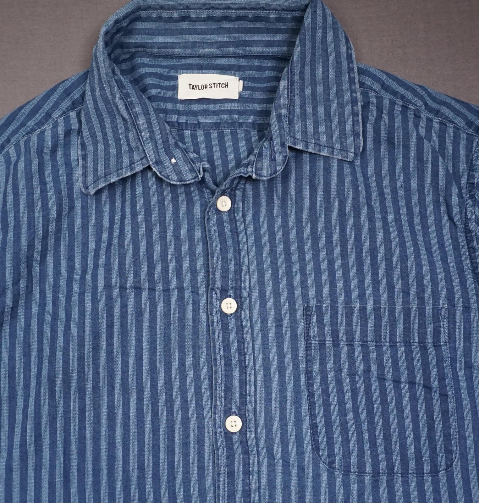 Taylor Stitch Shirt Mens 40 Blue Stripe Short Sleeve Button Up Organic Cotton