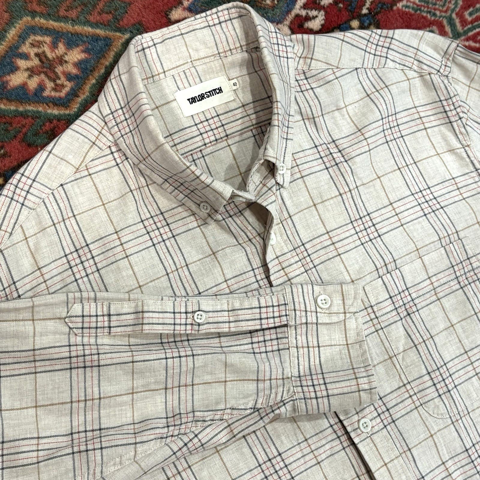 TAYLOR STITCH The Jack Shirt sz 42 organic cotton L/S windowpane beige EUC