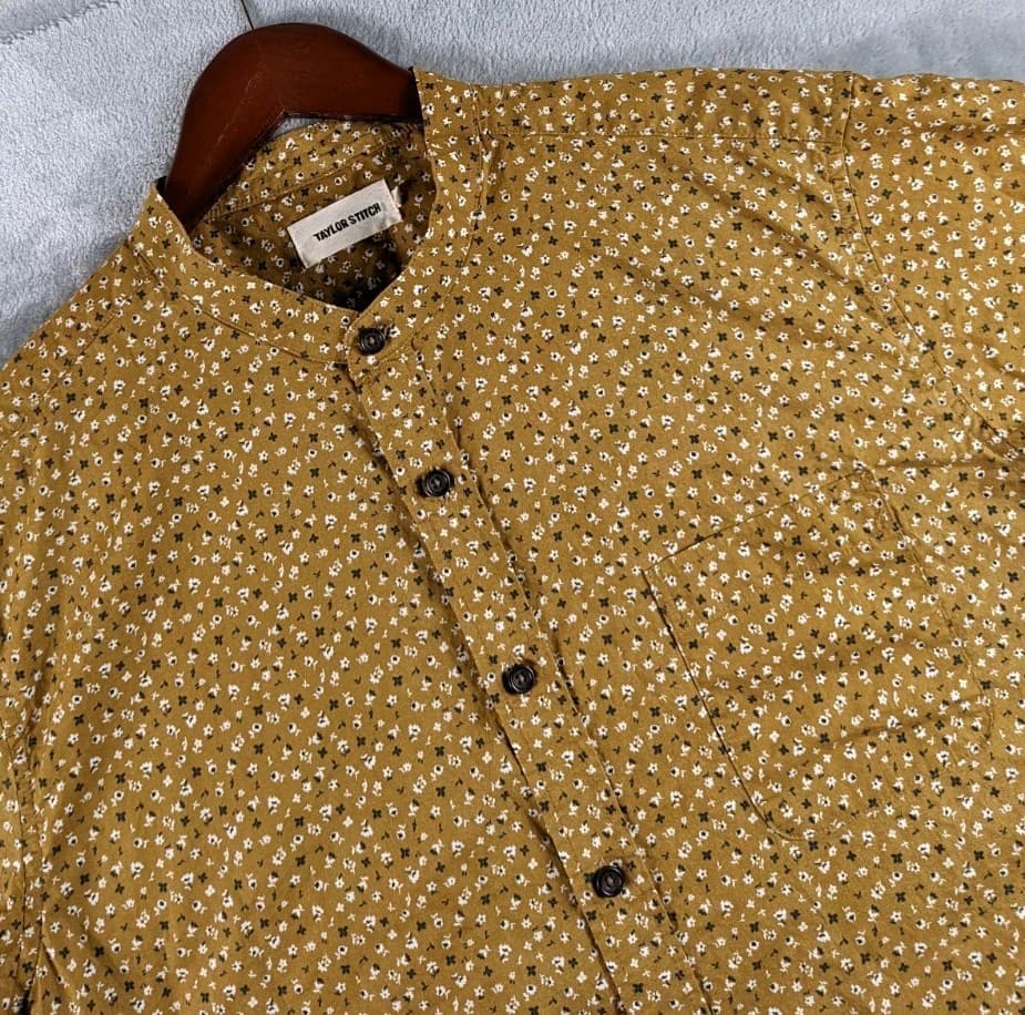 Taylor Stitch Shirt Mens 42  Mustard Yellow Band Collar Mini Floral Short Sleeve