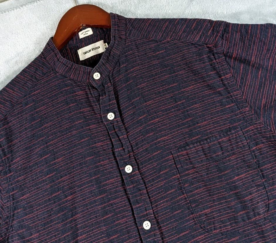 Taylor Stitch Shirt Mens 44 Striped Band Collar Short Sleeve Bandit Textured 