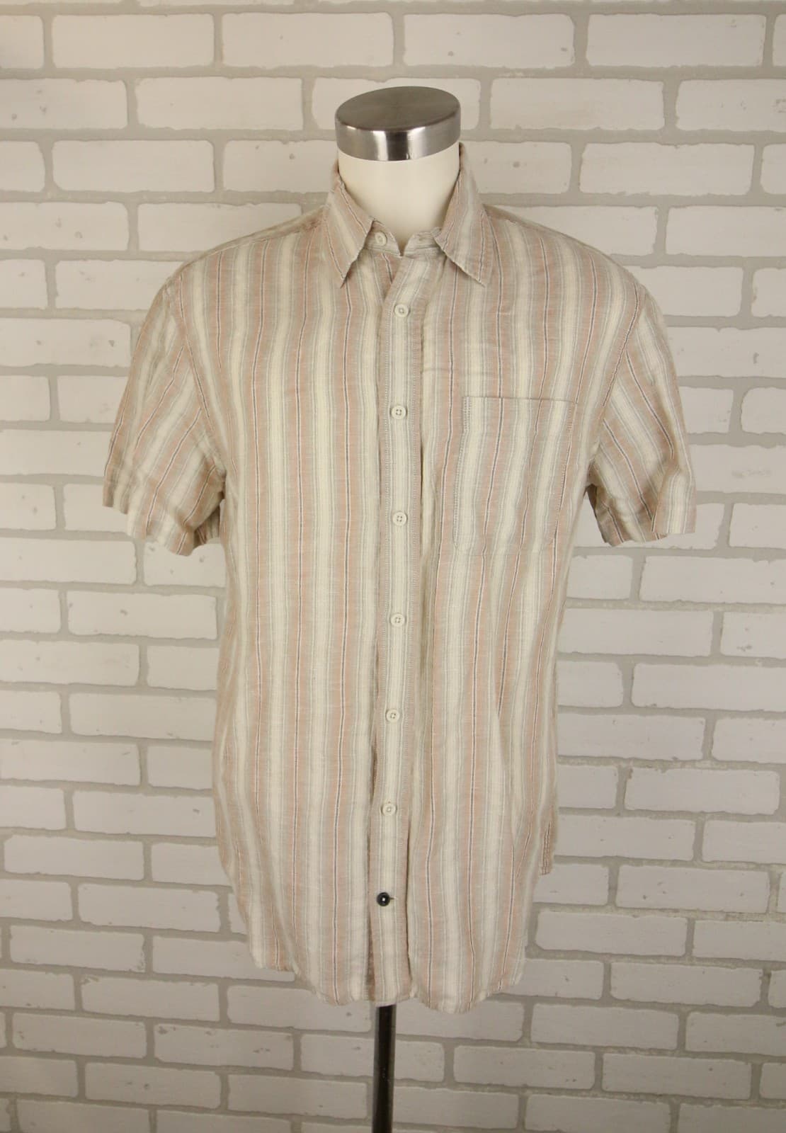 Taylor Stitch Beige Stripe Linen Tencel Shirt Mens 40 Short Sleeve Button