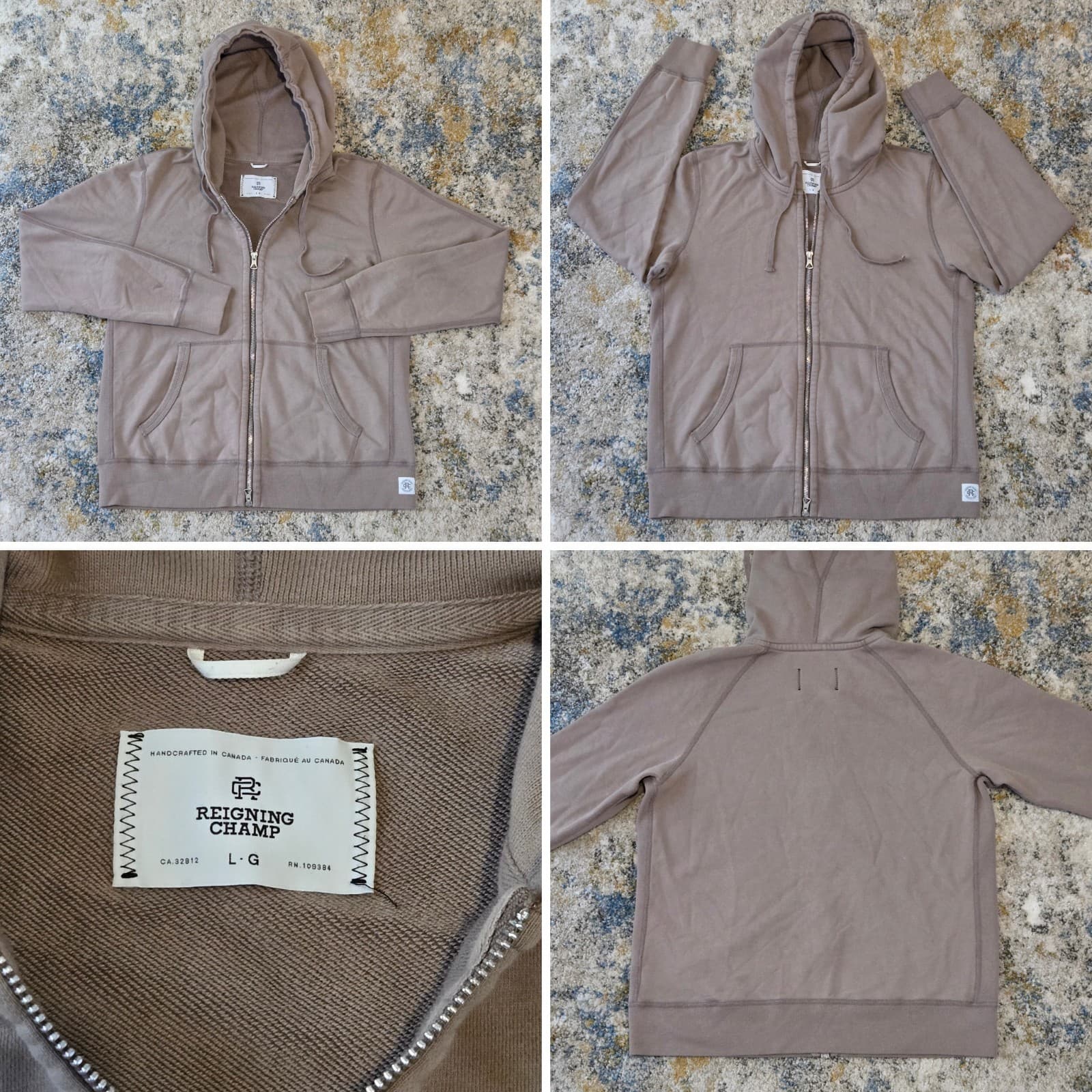 Reigning Champ Midweight Terry Full Zip Hoodie Made in Canada Mens L Taupe