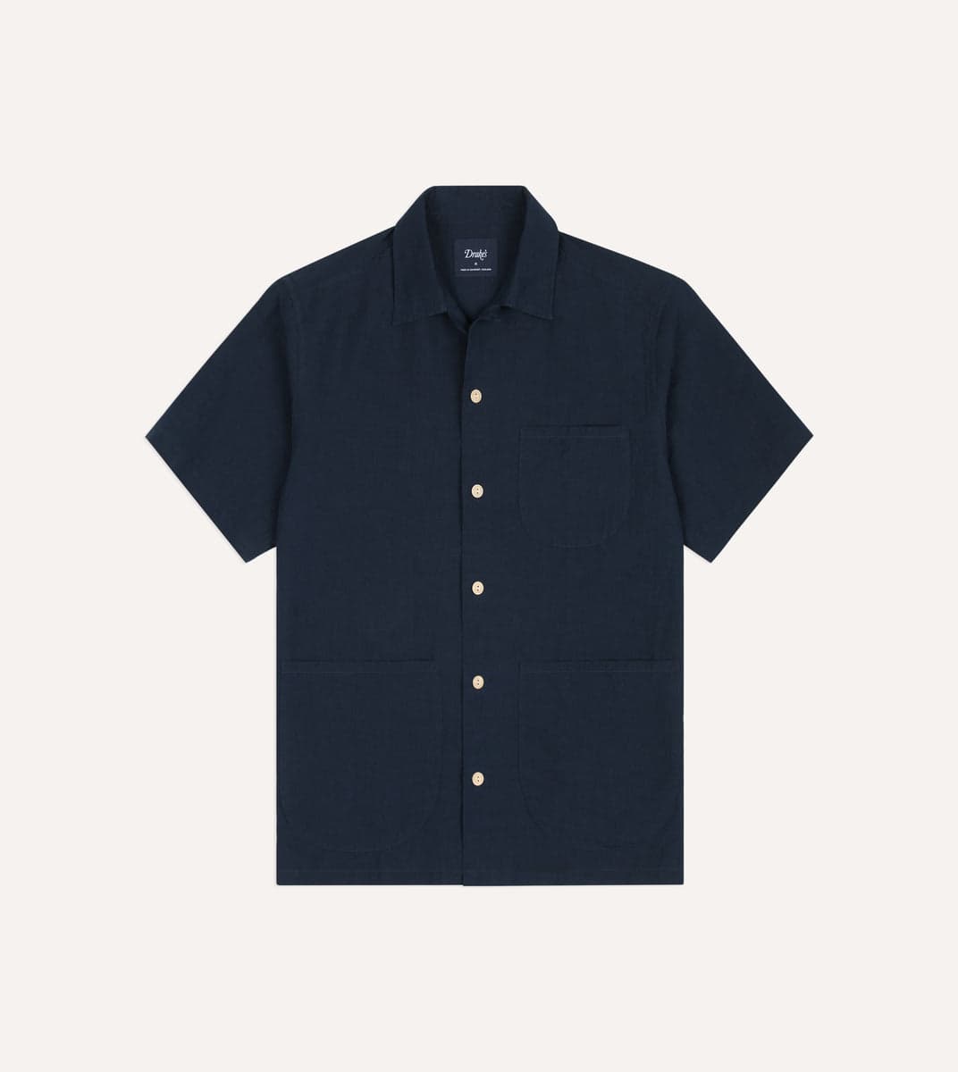 Navy Cotton-Linen Camp Collar Three Pocket Short Sleeve Shirt