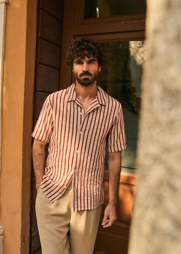 Holt Textured Shirt - Beige Rust Stripes