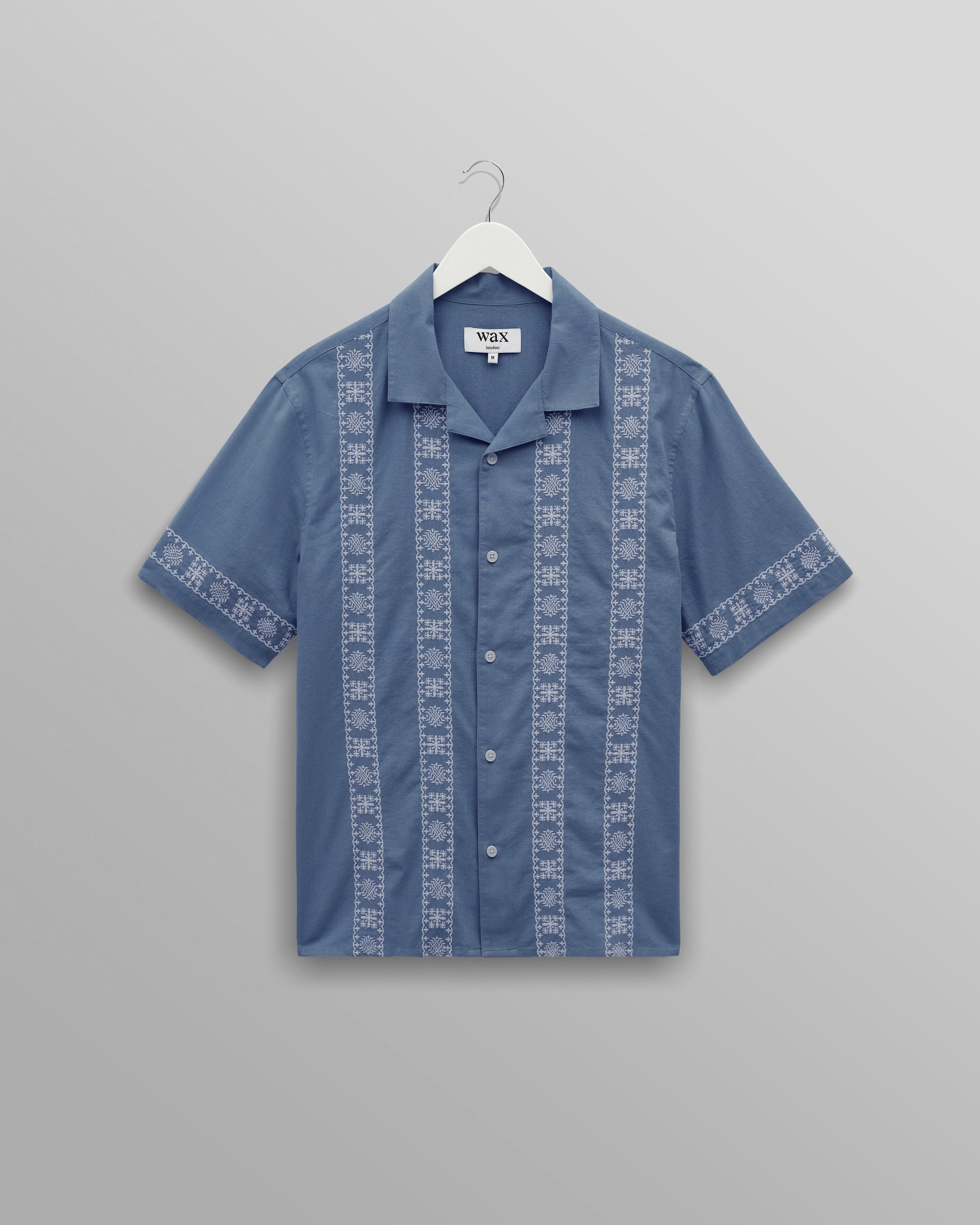 Didcot - Blue And Ecru Embroidered Short-Sleeve Shirt